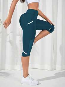 SHEIN Sports Leggings deportivos de malla en contraste bolsillo de celular de cintura ancha