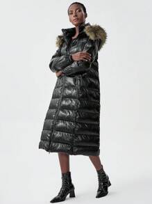 Chiquease Chaqueta larga con capucha y cremallera frontal de unicolor y textura esponjosa para mujer, ropa de abrigo informal para el invierno - Negro - Ver 3