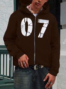 Manfinity Hypemode Sudadera con capucha de corte holgado para hombre con estampado de letras, cremallera delantera y forro térmico