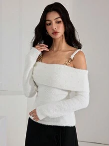 Heiryn Solid Color Off-The-Shoulder Top With Chain Decor, Elegant Long Sleeve Sweater For Autumn/Winter - White - View 1