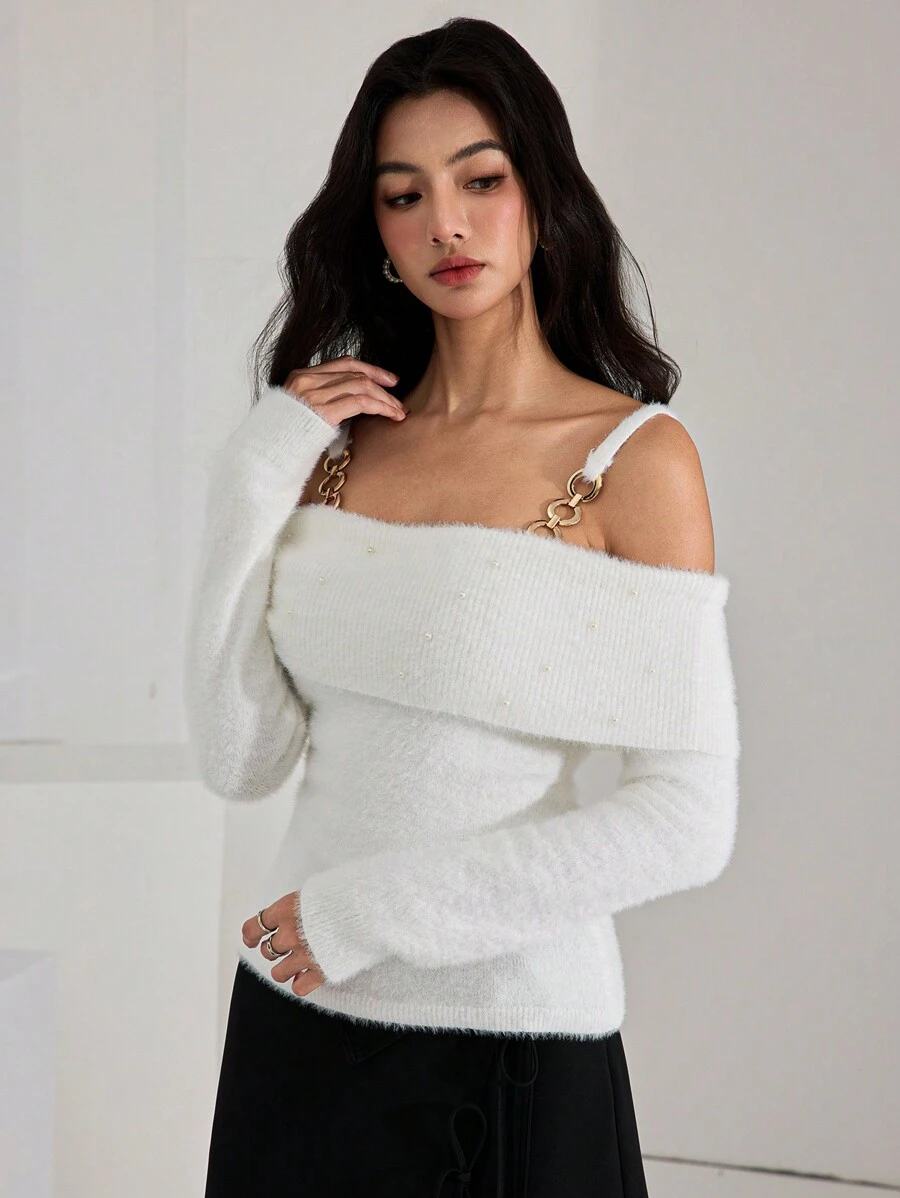 Heiryn Solid Color Off-The-Shoulder Top With Chain Decor, Elegant Long Sleeve Sweater For Autumn/Winter - White - View 1