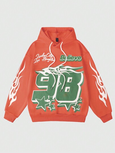 Street Life Men's Digit Print Long Sleeve Drawstring Hooded Sweatshirt, Street Vintage Style