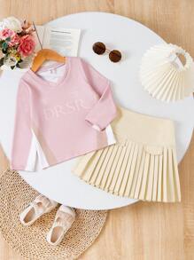 SHEIN 2pcs/Set Girls Autumn/Winter Slogan & Badge Print Long Sleeve Sweatshirt + Pleated Skirt, Sporty College Style Suit For Casual, Sports, Outing, Everyday - Multicolor - View 1