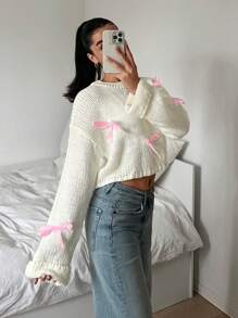 SHEIN EZwear Suéter informal de cuello redondo, manga larga, con detalle de lazo