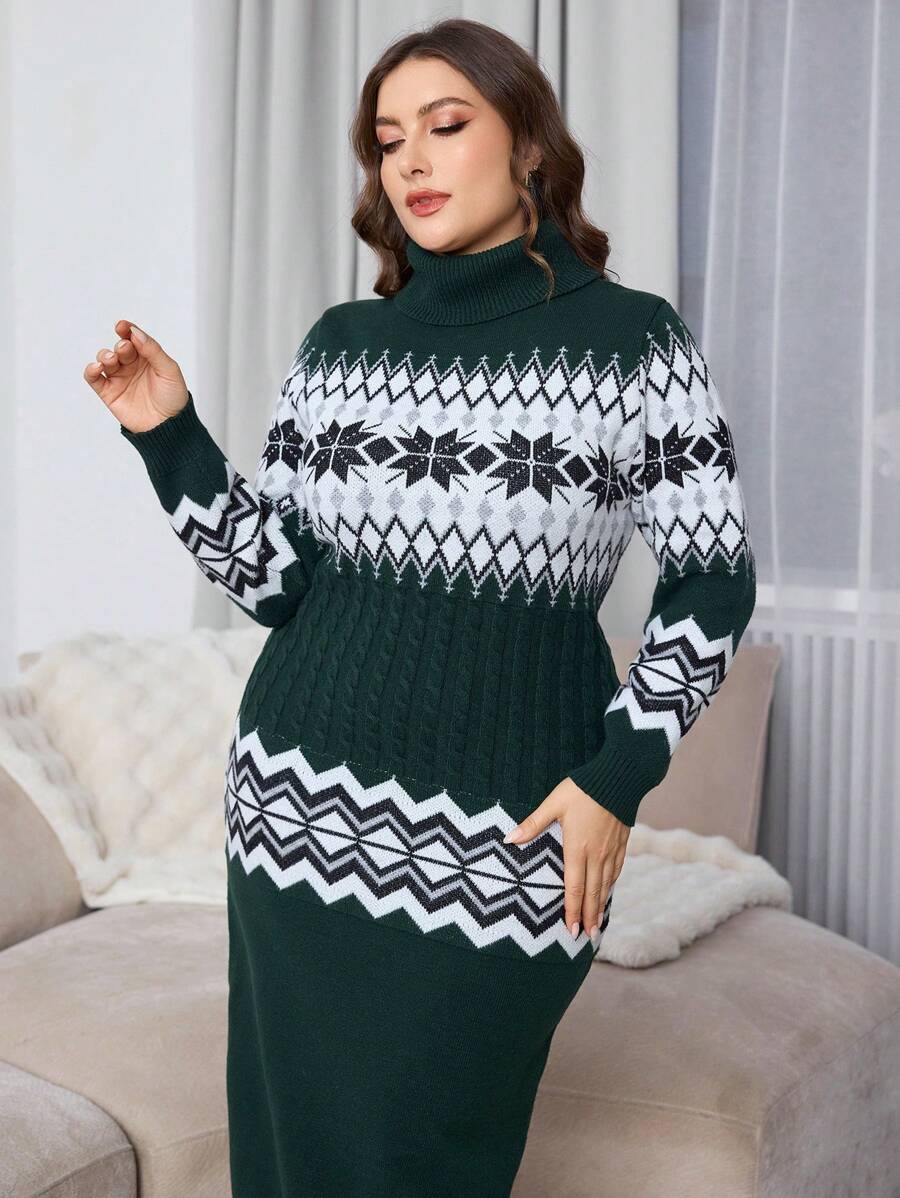 Lacomfia 大码几何图案高领长袖针织毛衣连衣裙，秋冬季休闲 - 墨綠色 - 查看 1