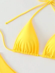 Swim Mod Set de 3 piezas de bikini para mujer de verano, de unicolor, con top halter sin espalda y nudo, conjunto con shorts triangulares