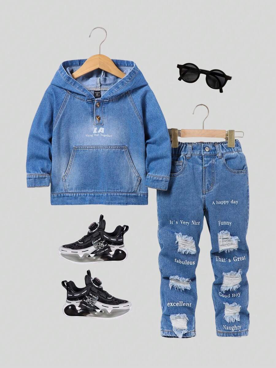 2pcs/Set Young Boys Stylish Hooded Sweatshirt & Distressed Jeans Pants Set - Light Wash - View 1