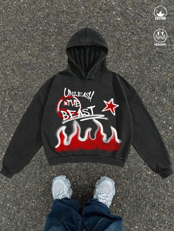 Manfinity ZONE917 Men's Oversized High Street Vintage Red And White Flame Smiling Face Doodle Text Pentagram Halloween Print Black Drop-Shoulder Snowflake Hooded Sweatshirt.