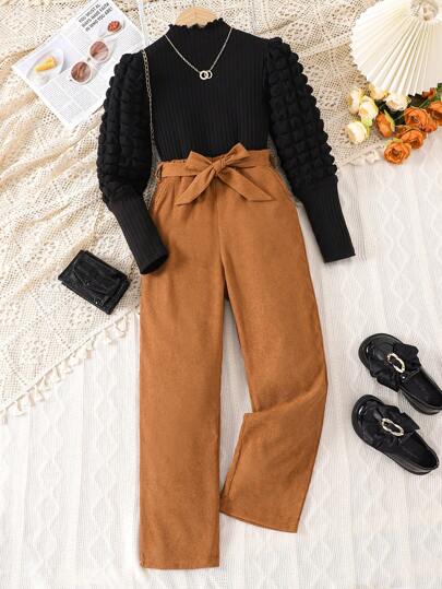 SHEIN Tween Girl 2pcs Plaid Puff Sleeve Black Long Sleeve T-Shirt & Khaki Striped Corduroy Pants With Belt, Formal Autumn/Winter Set