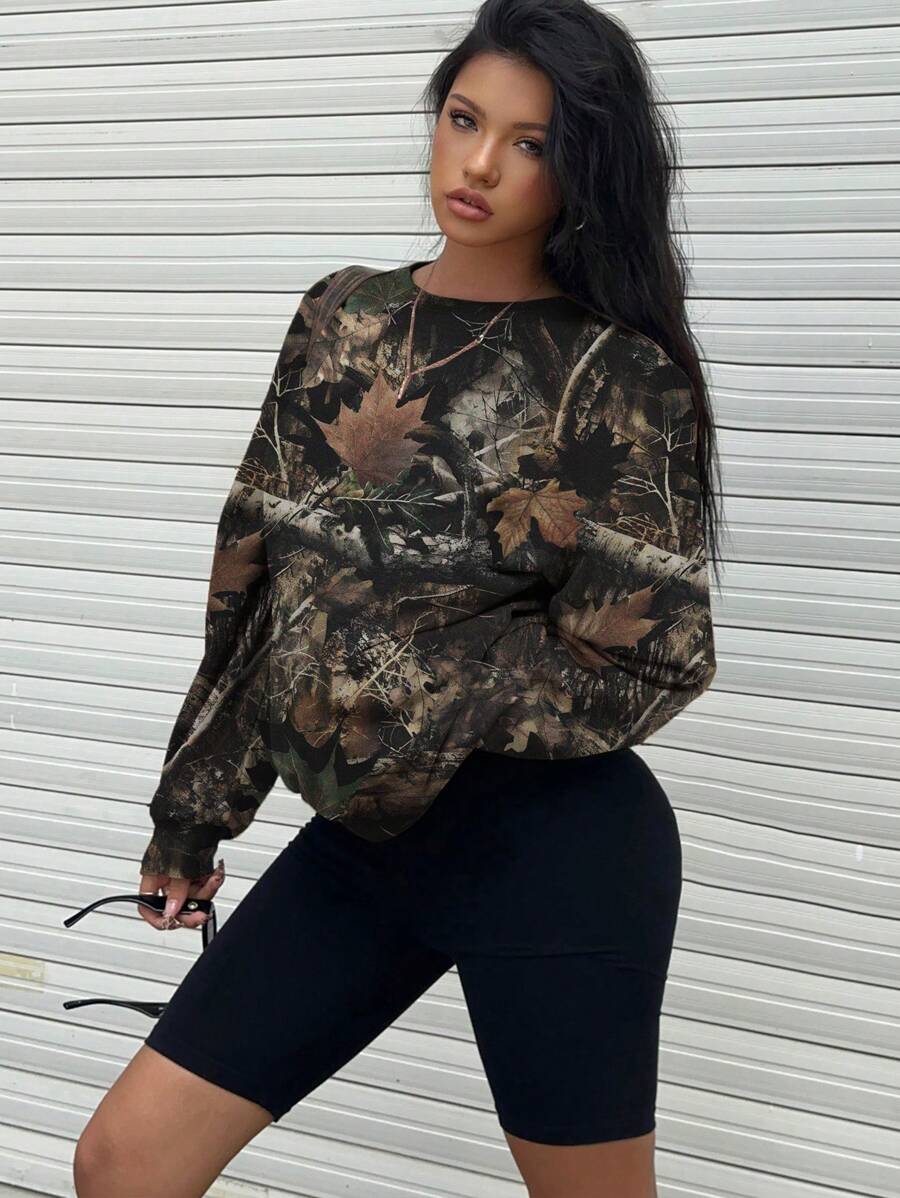 SHEIN EZwear Áo nỉ có mũ trùm đầu cổ tròn tay dài in họa tiết cành cây cổ điển giản dị dành cho nữ, quần áo thu đông dành cho nữ - Nhiều màu - Xem 1