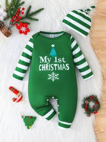 2pcs/Set Baby Girl Christmas Holiday Long Sleeve Christmas Tree & Letter Print Striped Patchwork Hat Jumpsuit - Green - View 1