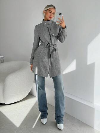 SHEIN Privé Women Casual Herringbone Stand Collar Overcoat, Autumn