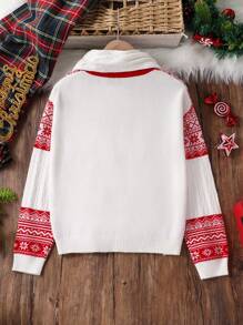 Pull jacquard à motif vintage et doux de style Fair Isle avec une écharpe assortie mignonne à pompon, pour Noël - Rouge - Voir 2