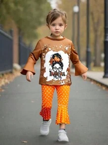 2pcs/Set Young Girls Creative Portrait & Letter Print Flare Sleeve Sweatshirt And Flare Pants Set, Spring Autumn - Brown - View 7
