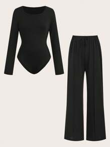 SHEIN Bộ 2 áo crop top dệt kim thường ngày + quần ống loe bó thanh lịch cho bé gái tuổi teen - Nhiều màu - Xem 1