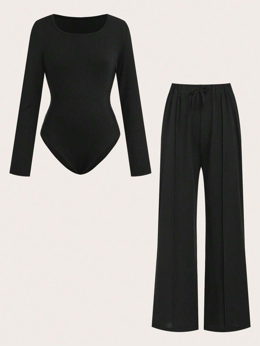 SHEIN Bộ 2 áo crop top dệt kim thường ngày + quần ống loe bó thanh lịch cho bé gái tuổi teen - Nhiều màu - Xem 1