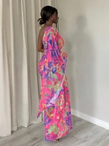 Slaydiva 女式斜肩长袖全印花休闲连衣裙