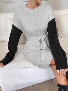 SHEIN Unity Solid Color Patchwork Round Neck Long Sleeve Tie Waist Minimalist Knit Sweater Dress - Multicolor - View 5