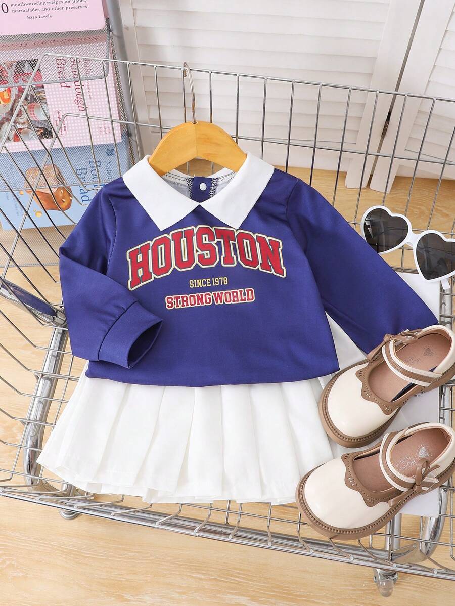 SHEIN 2 pièces Tenues décontractées chic pour retour à l'école pour bébés filles, ensemble sweat-shirt et pantalon de style écolière vert, convenant pour l'automne et l'hiver - Multicolore - Voir 1