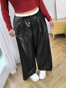 SHEIN EZwear 大码女式撞色腰褶皱宽松阔腿西装裤