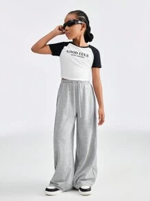 SHEIN Pantalón de chándal informal con cintura con cordón y pierna ancha de color gris para niña preadolescente