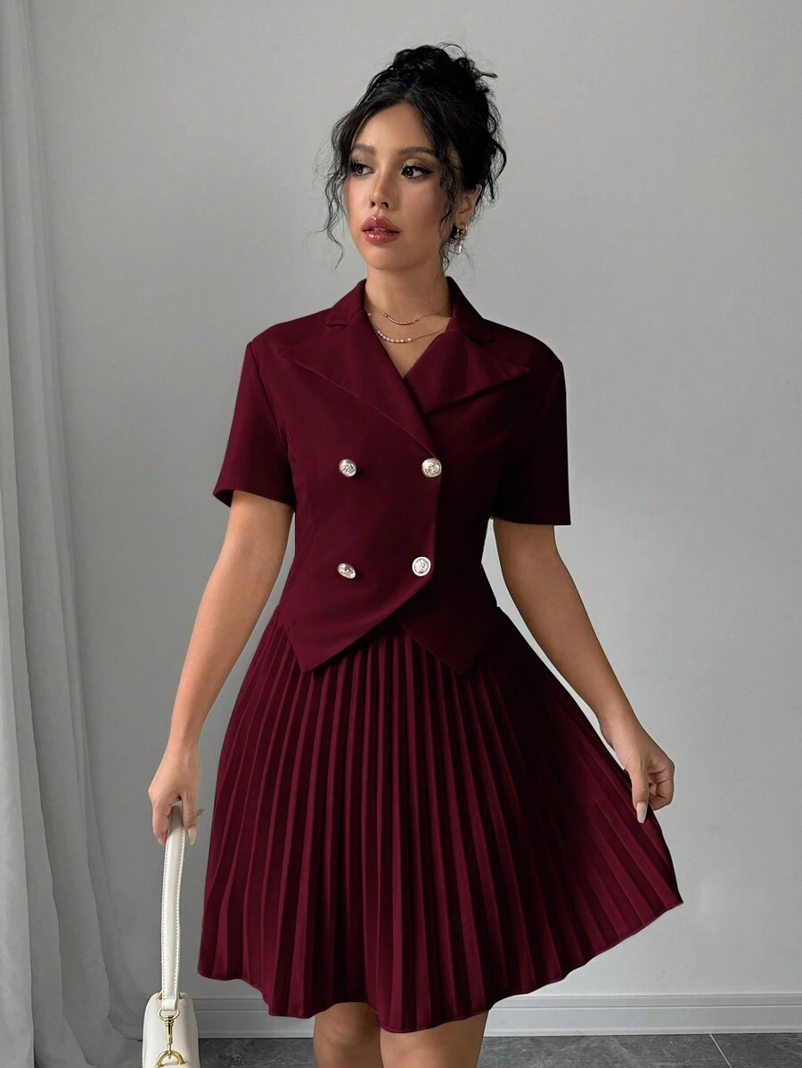 Selianne 两件套女士优雅纯色 Polo 领短袖双排扣上衣和百褶裙套装 - 酒紅色 - 查看 1