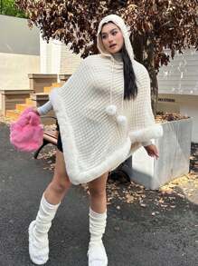 Celure Popular Bestselling Plus Size Women Elegant Warm Element Fuzzy Soft Warm Asymmetrical Hem Hooded Sweater Cape With Handmade Fringe/Pom Pom Accent