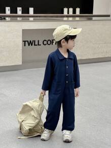 SHEIN Genkimix Kids 1pc Young Boy Casual Sports College Style Long Jumpsuit, Suitable For Daily School, Travel, Outdoor Activities, Fit For Spring And Autumn Back To School Season