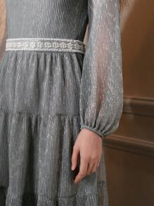 The Great Gatsby x MOTF GLITTER MESH OVERLAY LANTERN SLEEVE TIERED HEM FAUX PEARL WAIST EVENING DRESS