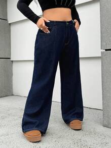 SHEIN ICON Plus Size Street Style Sexy Loose Flare Jeans, Blue - Dark Wash - View 3