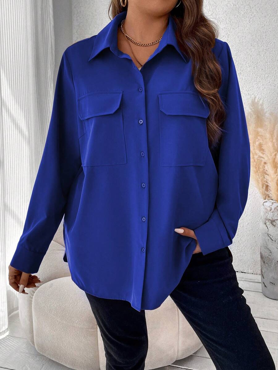 Vionelle Plus Size Women Solid Color Long Sleeve Utility Pocket Casual Loose Blouse, Autumn Women Shirt Fall Cloth For Women - Royal Blue - View 1