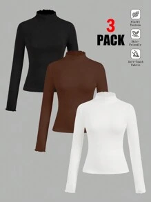 SHEIN EZwear 3pcs Set Casual Plain Slim Crew Neck Long Sleeve Undershirts, Warm For Autumn & Winter