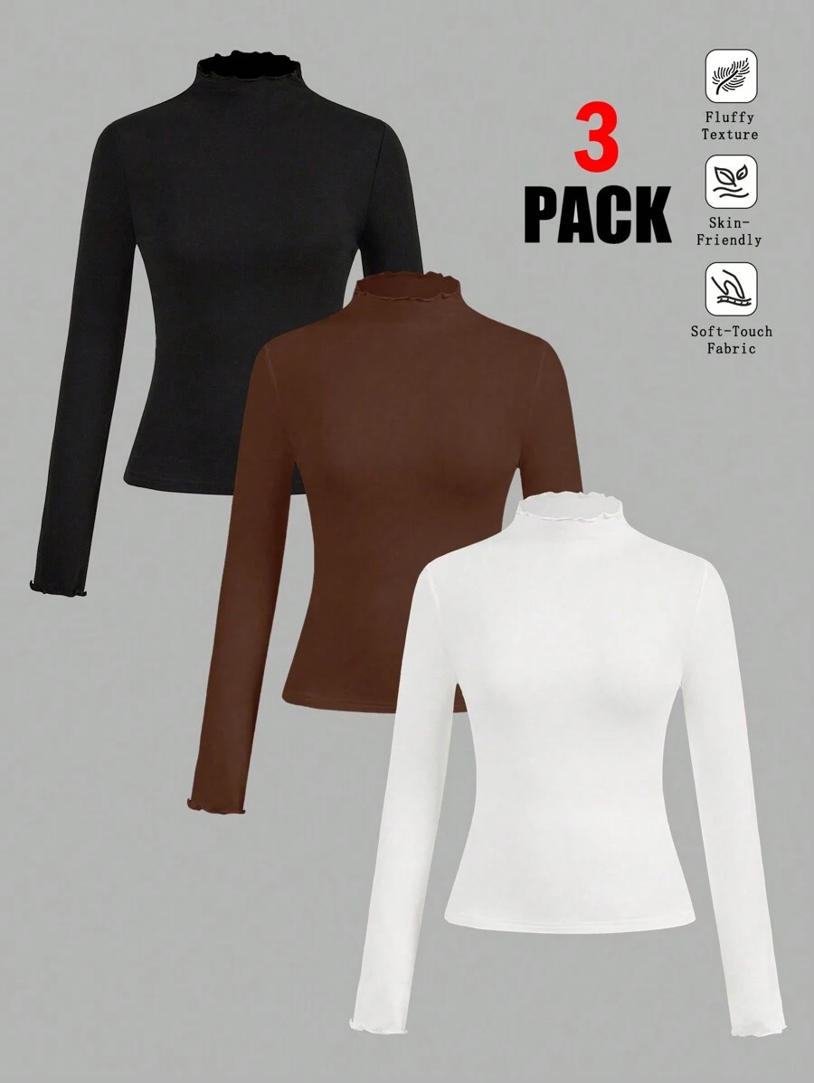 SHEIN EZwear 3pcs Set Casual Plain Slim Crew Neck Long Sleeve Undershirts, Warm For Autumn & Winter