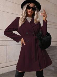 SHEIN Clasi 纯色双排扣优雅长袖大衣 - 酒紅色 - 查看 5