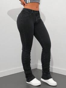 SHEIN Tall 女式口袋装饰休闲紧身喇叭腿牛仔裤 - 黑色 - 查看 5