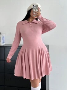 Flirla 大码简约优雅马球领长袖修腰连衣裙 - 粉色 - 查看 1