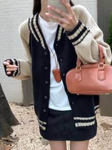 DAZY 女士休闲拼色纽扣门襟插肩袖开衫，适合秋冬季 - 彩色 - 查看 6