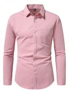 Manfinity Mode Casual Long Sleeve Button-Front Collared Shirt With Pockets, Solid Color (Not Positioned), Mens Pink Dress Shirt