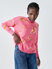 SHEIN Unity Women Stand Collar Long Sleeve Pattern Simple Knit Sweater, Casual Everyday Wear, Knit Pullover Fall Winter - Watermelon Pink - View 4