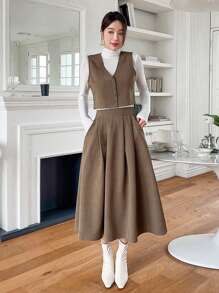 DAZY 2pcs Solid Color PU Vest & Skirt Set For Women,Fall Clothes - Coffee Brown - View 4