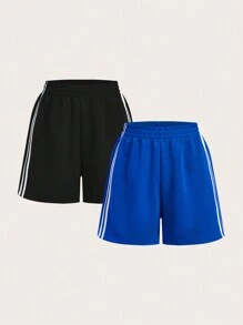 Muchica 2pcs Women Elastic Waist Striped Shorts Set