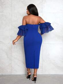 Slaydiva 优雅派对/场合/约会修身纯棕色露肩修身波尔卡圆点网眼拼接中长连衣裙，后开衩，大码，春夏 - 棕色 - 查看 2