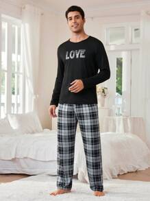 Letter Grid Print Long Sleeve Top & Pants Pajama Set For Men, Fall Winter Clothes - Black - View 8