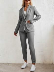 EMERY ROSE Textured Lapel Cardigan Top & Drawstring Waist Tapered Ankle Pants Women Suit Set - Grey - View 5