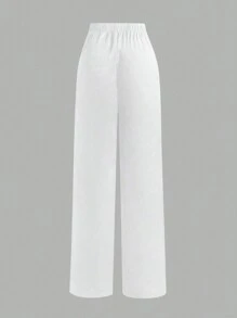 EARO Women's OL Style High-End Fashion Casual Solid Color Waist Metal Chain Design Straight Leg Loose Pants, Comfortable Relaxed Fit Elegant Trousers, Khaki Color, Autumn/Winter - White - View 2