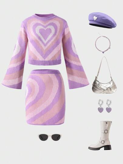 2pcs Set: Bell Sleeve Colorblock Heart Pattern Round Neck Sweater Pullover + Sweater Skirt, Thick Polyester Knit For Teen Girl, Suitable For Outdoor, Dinner Party And Street Wear, Autumn/Winter
