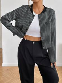 Chiquease Casual Striped Long Sleeve Cropped Jacket For Autumn - Dark Grey - View 4