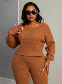 Slaydiva 2pcs Plus Size Casual & Minimalist Loose Knit Sweater Set, Brown, Suitable For Autumn/Winter - Brown - View 4