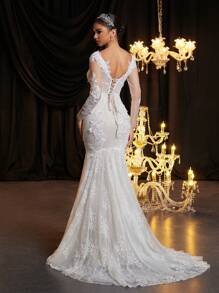 Glamrae 优雅奢华性感V领露背蕾丝透视法式古典蕾丝透视杯形鱼骨荷叶边网眼鱼尾长尾婚纱，白色长袖新娘礼服长袖婚纱新娘礼服新娘礼服白色婚纱新娘白色