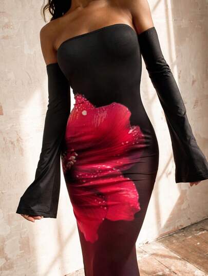 Opulessa Beach Women Outfits Masquerade Balldress Halloween Party Christmas 1pc Women's Vacation Knit  Floral Print Off Shoulder Split Hem Long Sleeve Bodycon Dress